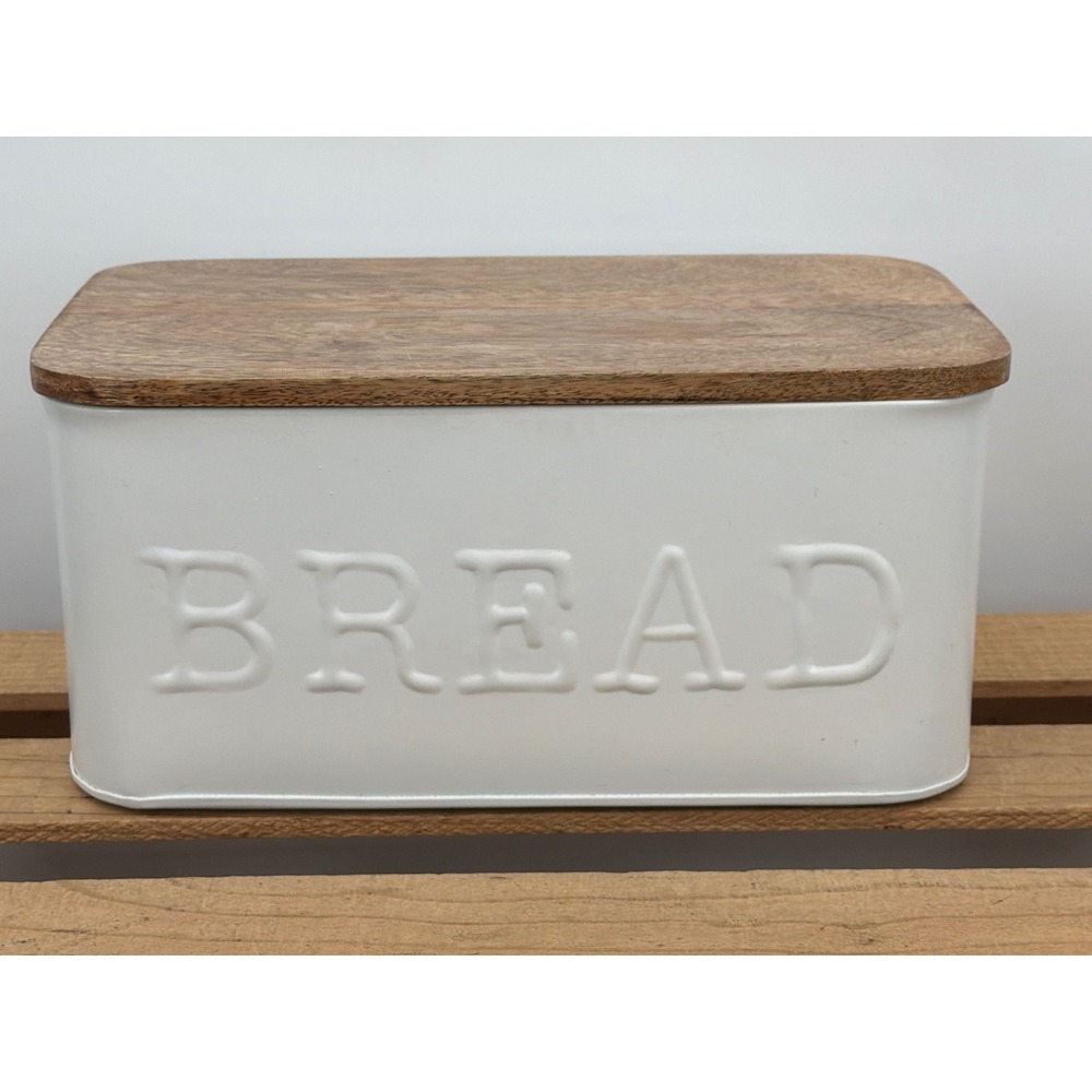 White Metal Farmhouse Bread Box Wood Lid 12x6.5x5.25" Rustic Cottagecore
